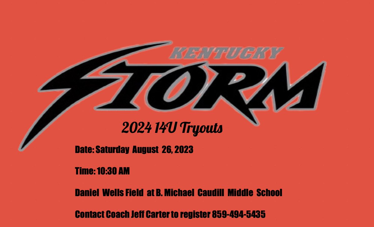 KYStormCarter's tweet photo. It’s that time of year. We will be holding tryouts for the 2024 14U team on August 26th. Contact @jcar21_ to register. https://t.co/xS0OqsyQns