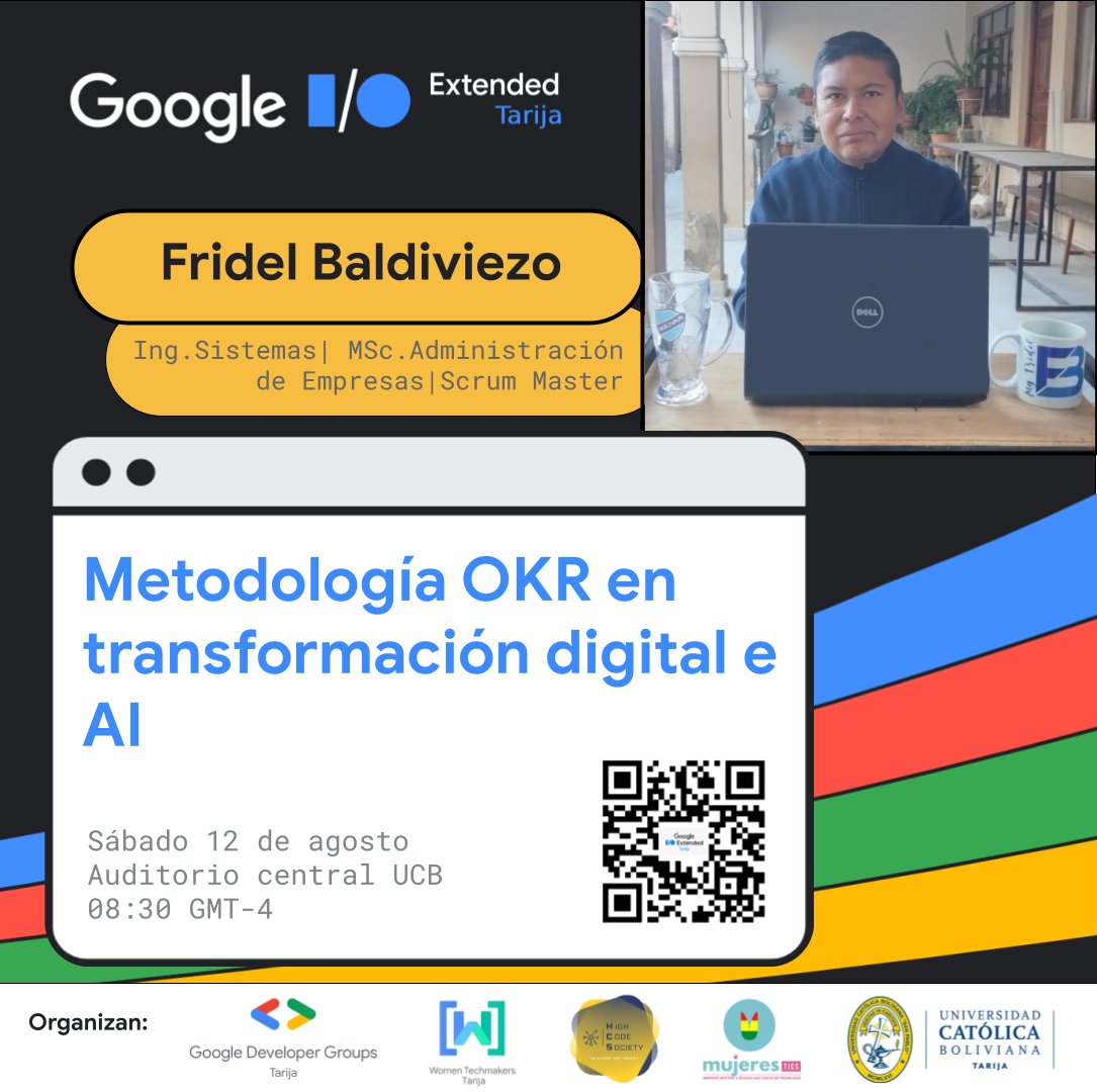 gdgtarija's tweet photo. Presentamos a Fridel Baldiviezo!🥳
Magíster en Administración de empresas, Ing. de sistemas, docente de la UCB, scrum master en la empresa sarys argentina.
¡Regístrate y participa!👩‍​💻👨‍​💻
📌https://t.co/kyosijDgai
#googleio2023 #gdgtarija #gdg #cloud #ai https://t.co/fdjhJo9go9