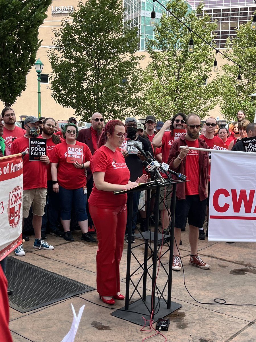 “We have endured 6 months of union busting…but we are still standing strong. Despite their best efforts, we are not backing down!” Breanna of @TCGunionCWA #TCGUnionStrong