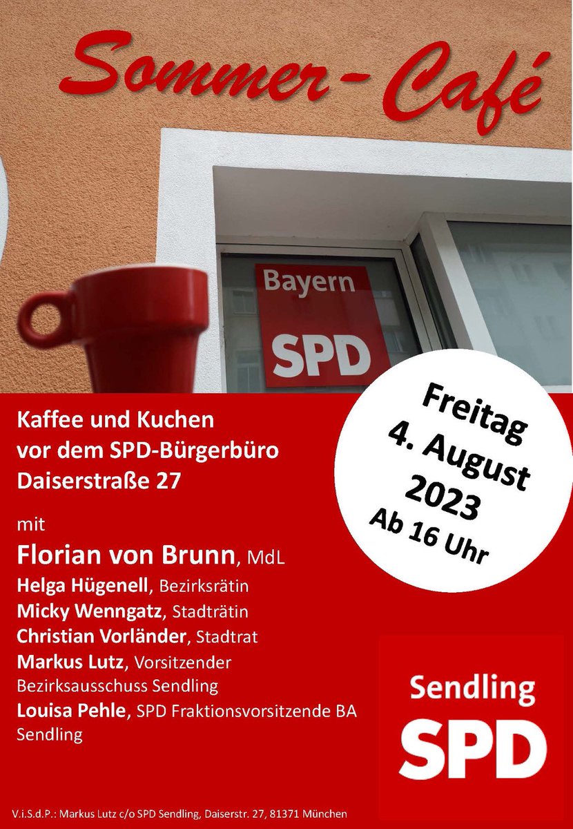Diesen Freitag in der Daiserstraße:

Das Sommer-Café der SPD Sendling ☕️