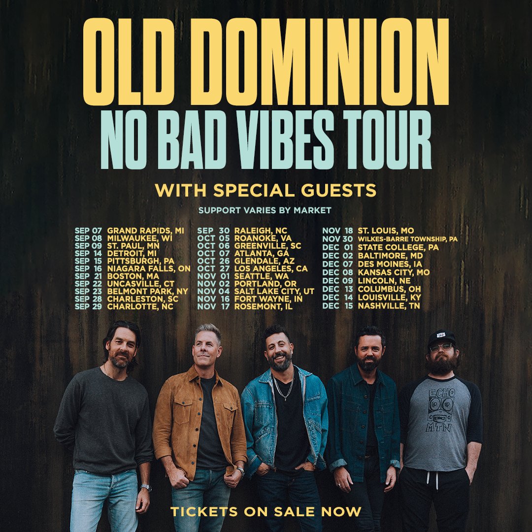 OldDominion's tweet photo. There is nothing like the sounds of all the SOLD OUT crowds we've heard on the #NoBadVibesTour so far singing our songs back to us. Even if I’m a little stiff or achy from therapy, your voices just take us all to a place that absolutely has the most positive vibes. https://t.co/6NeydXMn3w