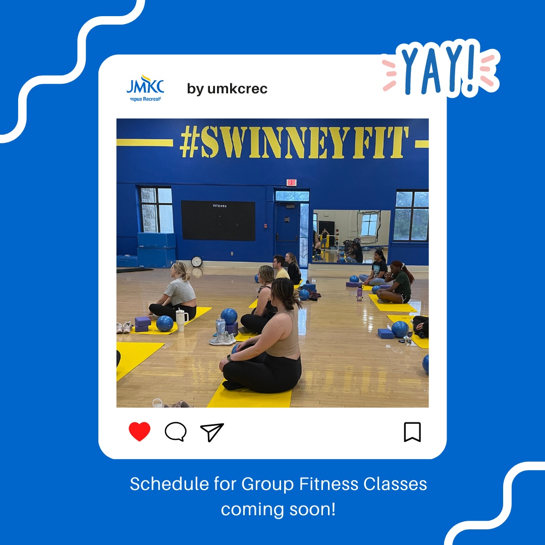 UMKCRec's tweet image. With the Fall 2023 semester fast approaching, stay tuned to find out what fitness classes UMKC Recreation Center will be providing.