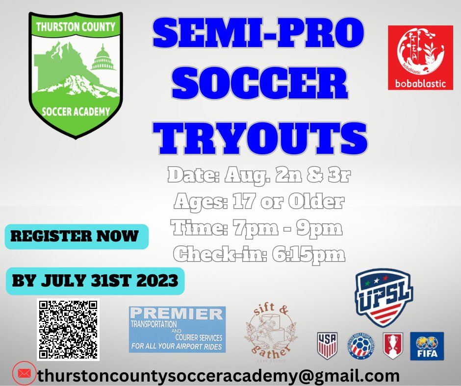 TCSoccerAcademy's tweet photo. Thurston Soccer Academy @TCSoccerAcademy 
 #UPSL 4th National Div. Men's Semi-Pro @soccer @Tryouts 

Ages 17 - 35

Date: Aug 2 &amp; 3 

Registration deadline: July 31st 2023
Click the link to Register
https://t.co/mCY5Hbr4EU

 @TwinCityUnion @TwinCityUnionM1 @TCSoccerAcademy @APGMWR https://t.co/AZFjLAd5MS