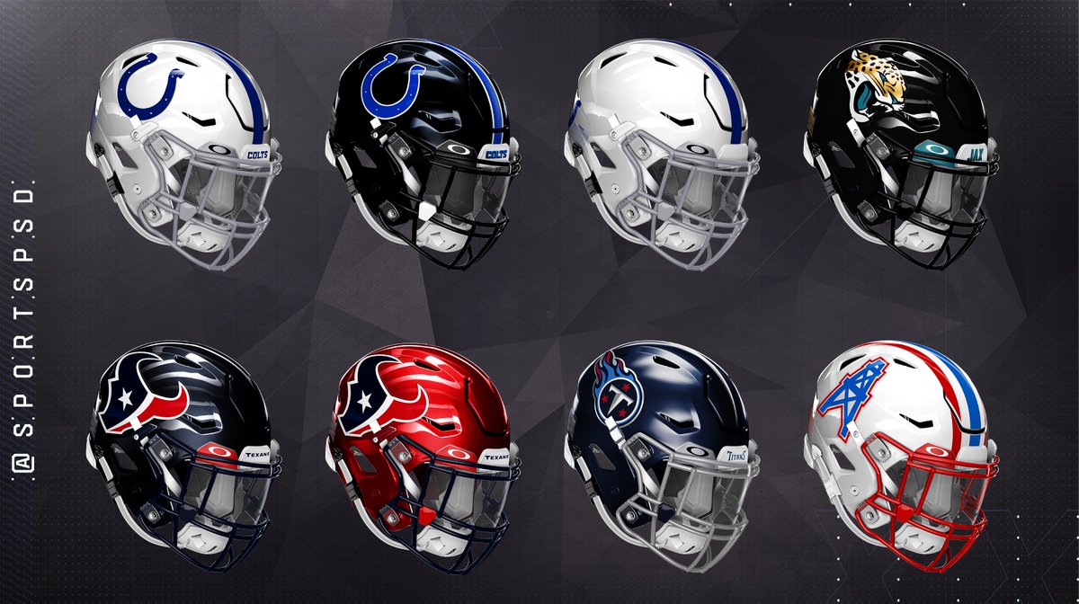 SportsPSD's tweet photo. A couple new additions to the AFC South for the upcoming season, but a bit surprising to see the typically traditional Colts as the only divisional team with three helmet designs for 2023.  Whose do you like best?

#ForTheShoe  #DUUVAL #WeAreTexans #Titans https://t.co/axBVSFVbxG