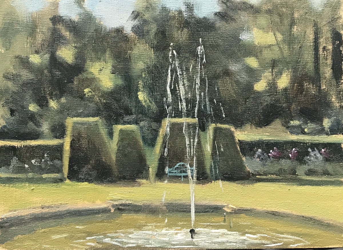 davidbeatsonart's tweet photo. “Fountain and topiary, Renishaw Hall” oil on panel 10x7.5”. #renishawhall #topiary #fountain #renishawhallandgardens #renishawhallgardenpainting #renishawhallart #outdooroilpainting #oilsketch #oilpainting https://t.co/cOiW7vLAwN