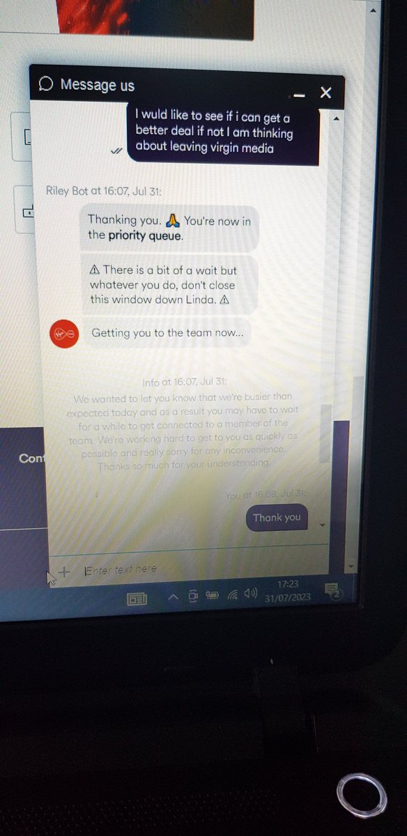 lindagreen1512's tweet photo. @virginmedia how long does it take an agent to answer online chat...I've been waiting over an hour now https://t.co/JkhpUxJRKI