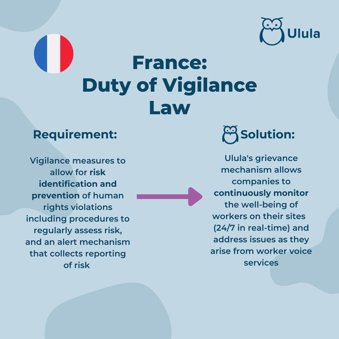 Ulula4good's tweet photo. Emerging human rights due diligence regulations across Europe and beyond require robust mechanisms for risk identification and complaint submission. Ulula’s grievance management tool can help businesses achieve compliance.

Learn more: https://t.co/oiChyr4tkr https://t.co/c1OLUDsinp