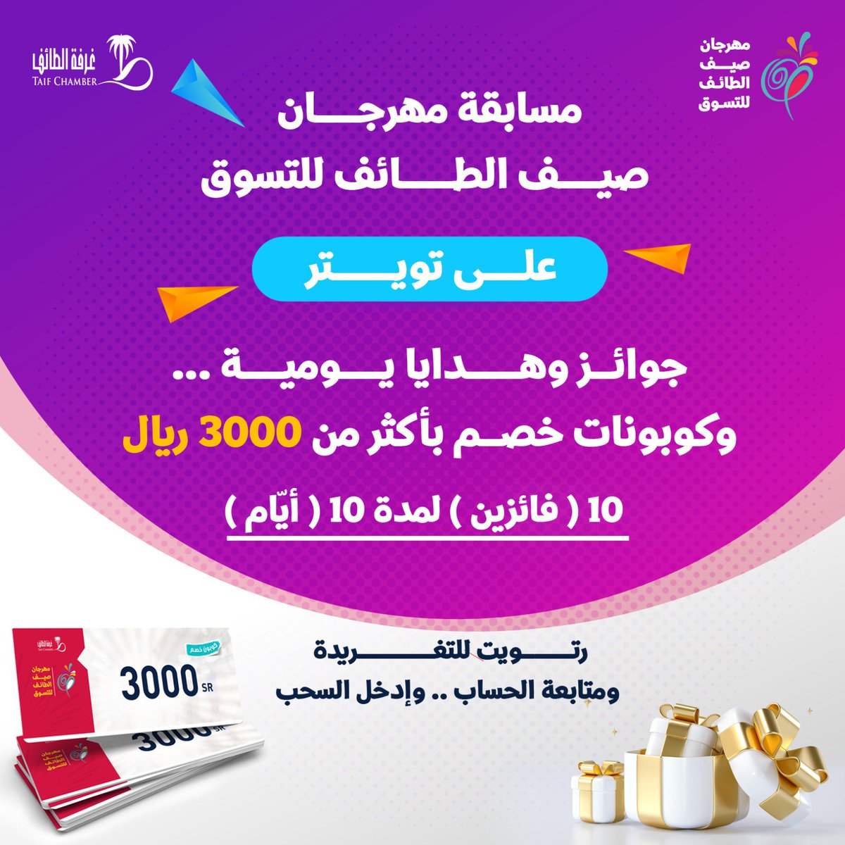 taifcci's tweet photo. مسابقة #مهرجان_صيف_الطائف_للتسوق 😍 على #تويتر .. 💙

جوائز وهدايا يوميّة ..
وكوبونات خصم بأكثر من 3 آلاف ريال 🤩

كل يوم 10 فائزين 🥳
لمدة 10 أيّام .. 🫣

-
رتويت للتغريدة
ومتابعة الحساب .. وااااااااادخل السحب 🎁🎈
#غرفة_الطائف https://t.co/sQ59zwqNiQ