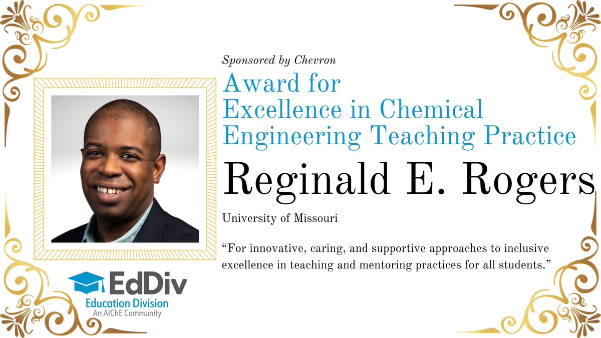 AIChE Education Division (@aicheeddiv) on Twitter photo Announcing our <a href="/aicheeddiv/">AIChE Education Division</a> award winners! Congratulations to @agodwinSTRIDE, <a href="/johnkitchin/">Profess.or Profess.and</a>, <a href="/ProfVigeant/">Margot “ChemE Mom” Vigeant</a>, and Reginald Rogers <a href="/mizzouengineer/">Mizzou Engineering</a>!
The award winners will be giving award talks at the 2024 Annual Meeting and will be honored on 11/7 in Orlando.
aiche.org/community/site… Announcing our <a href="/aicheeddiv/">AIChE Education Division</a> award winners! Congratulations to @agodwinSTRIDE, <a href="/johnkitchin/">Profess.or Profess.and</a>, <a href="/ProfVigeant/">Margot “ChemE Mom” Vigeant</a>, and Reginald Rogers <a href="/mizzouengineer/">Mizzou Engineering</a>!
The award winners will be giving award talks at the 2024 Annual Meeting and will be honored on 11/7 in Orlando.
aiche.org/community/site…