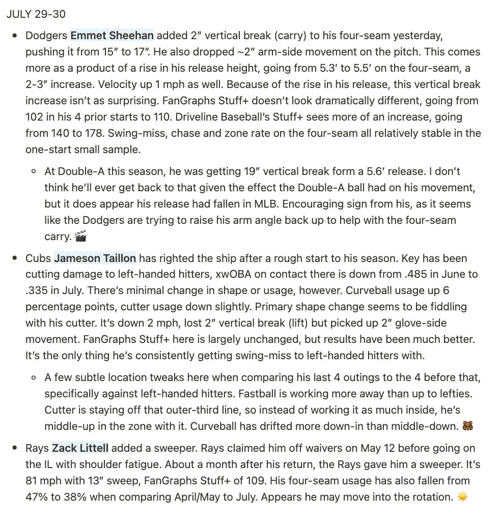 LanceBroz's tweet photo. July 29-30 pitcher shape metrics of note. #LanceNotes 

Emmet Sheehan raising his release point
Jameson Taillon's left-handed approach 
Zack Littell added a sweeper https://t.co/ozUl9NwFfr