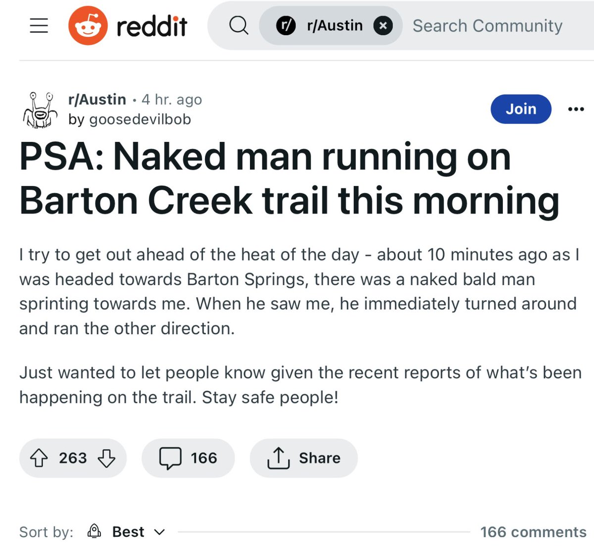 Naked bald man running on Barton Creek trail this morning, guessing it was B-Swizzle @bradswail (again)