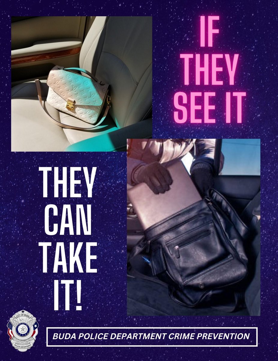 Buda_Police's tweet photo. Locking your vehicle is part of the equation. But things won't add up if you don't secure valuables and hide belongings. Don't make yourself a target!
LOCK IT-TAKE IT-HIDE IT
#besafebuda #locktakehide #crimeprevention https://t.co/9bI8bFz2vv