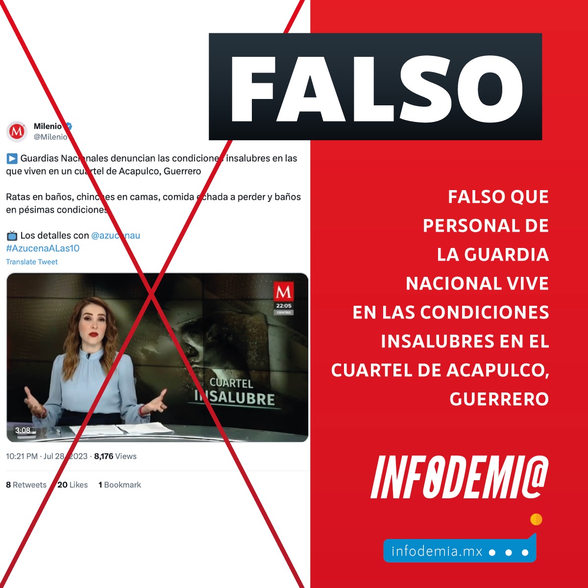 InfodemiaMx (@infodemiamex) on Twitter photo ❌Falso que personal de la #GuardiaNacional vive en la condiciones insalubres en el Cuartel de Acapulco, Guerrero
✅El video que circuló en medios de comunicación donde integrantes de la <a href="/GN_MEXICO_/">Guardia Nacional</a> denunciaron las condiciones insalubres en las que vivían, se trató de un montaje ❌Falso que personal de la #GuardiaNacional vive en la condiciones insalubres en el Cuartel de Acapulco, Guerrero
✅El video que circuló en medios de comunicación donde integrantes de la <a href="/GN_MEXICO_/">Guardia Nacional</a> denunciaron las condiciones insalubres en las que vivían, se trató de un montaje