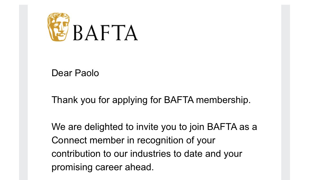 Cheers <a href="/BAFTA/">BAFTA</a>! Delighted to be a Connect member!