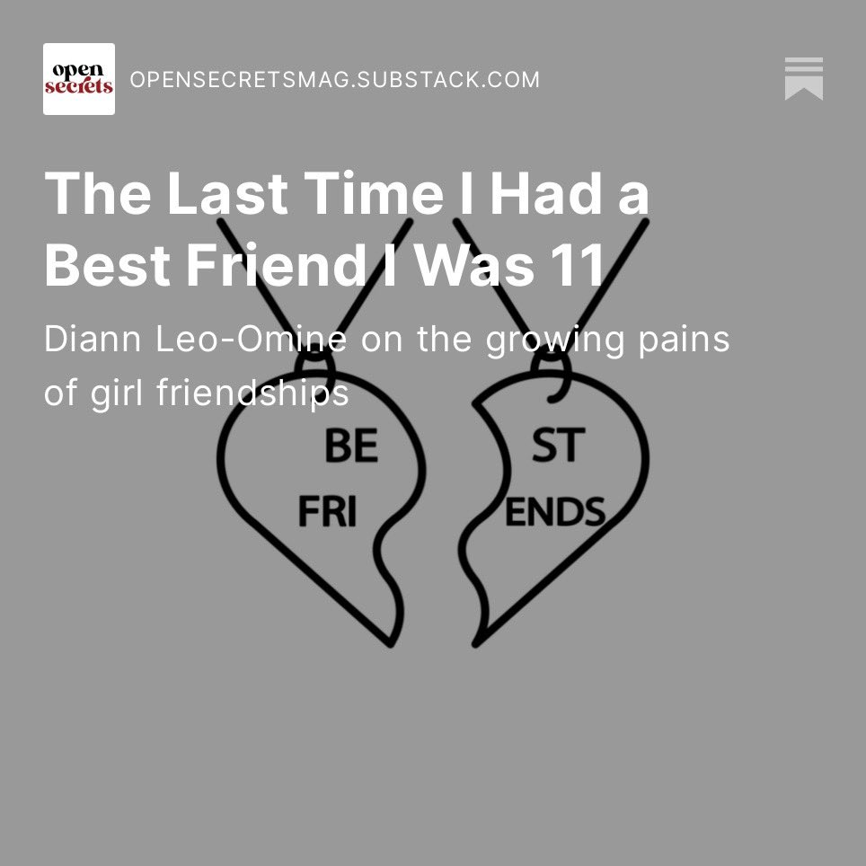OpenSecretsMag's tweet photo. The last time @sweetleoomine had a best friend was at age 11. Read all about their tumultuous friendship in this week’s Open Secrets essay: https://t.co/85GOC56MMN https://t.co/0iKRFasMfa