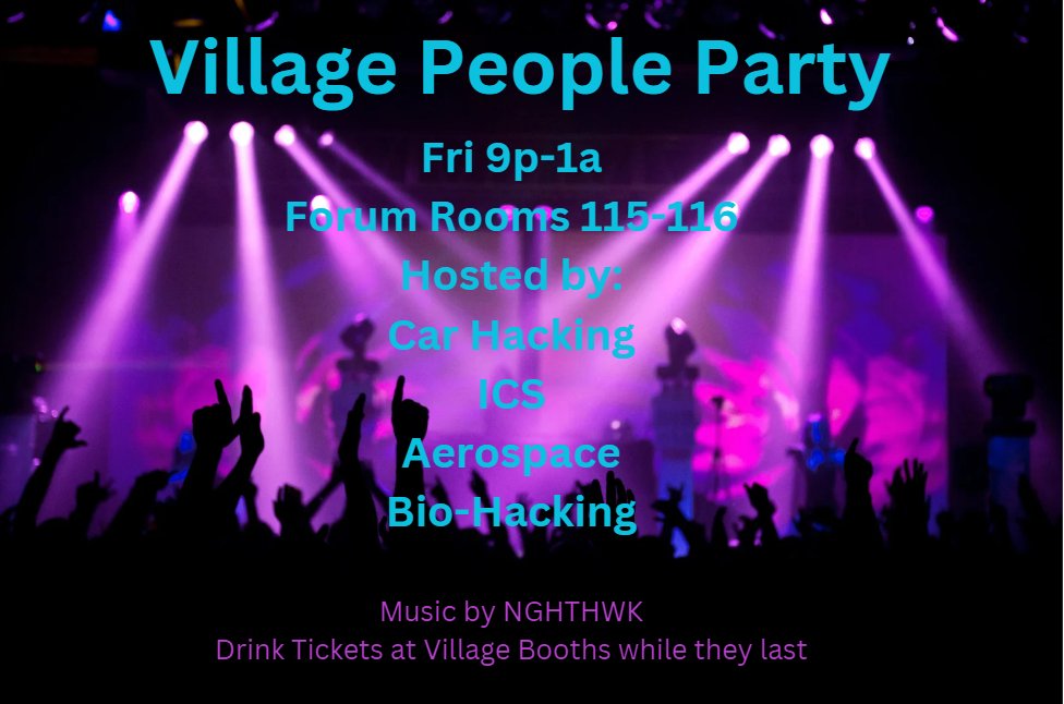 Village People Party is gonna be lit.
Hope to see you there!
Limited drink tickets at village booths.
forum.defcon.org/node/246827#po… via <a href="/defcon/">DEF CON</a> 
<a href="/CarHackVillage/">Car Hacking Village</a> <a href="/DC_BHV/">Biohacking Village 🧪</a> <a href="/ICS_Village/">ICS Village</a> <a href="/SecureAerospace/">Aerospace Village</a>