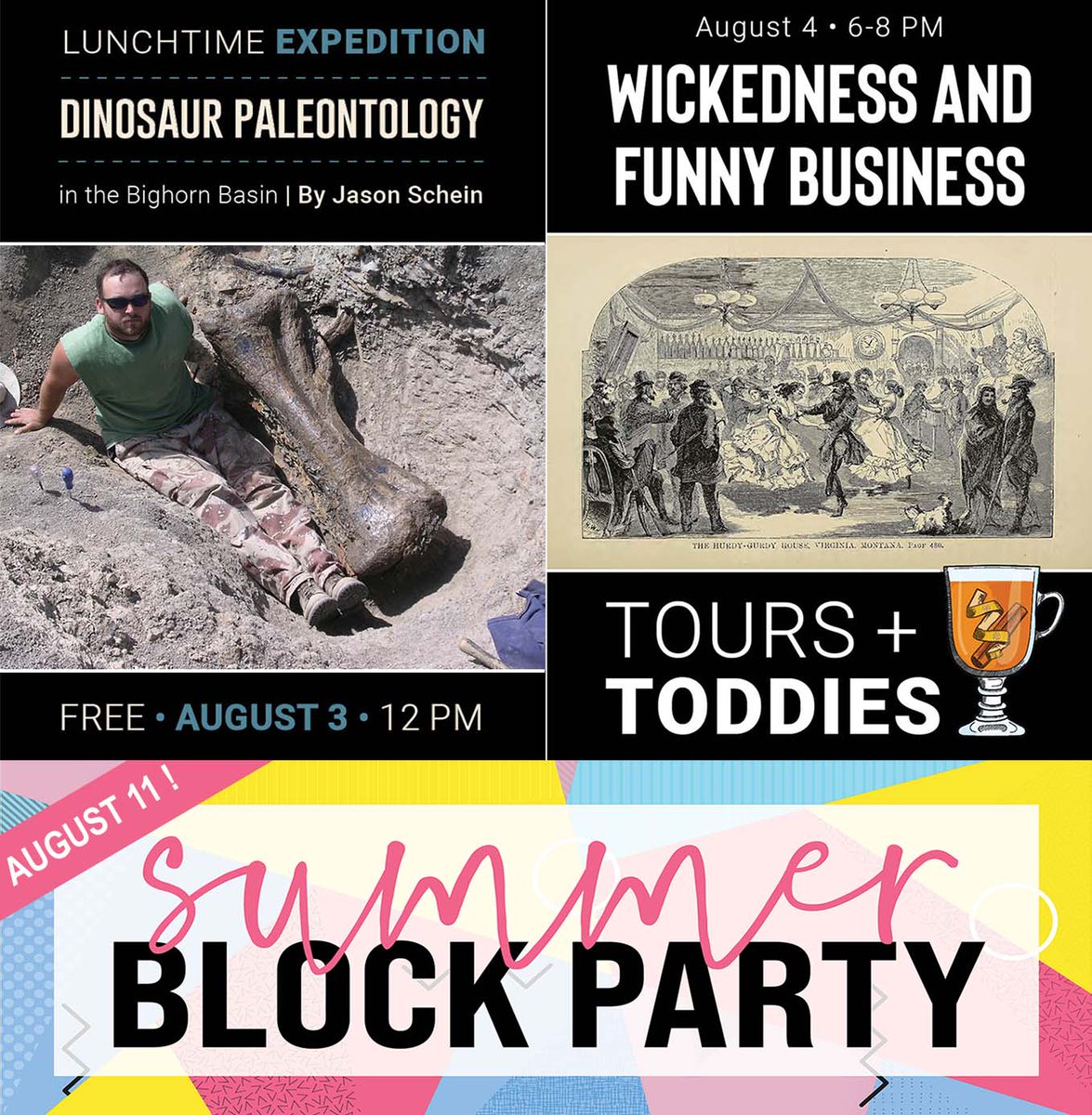 centerofthewest's tweet photo. Upcoming events: Dinosaur talk 8/3, "Wickedness & Funny Business" Exclusive Tour 8/4, and a sensational Summer Block Party 8/11! Details for all: https://t.co/q5DVvKhiC5
#summerblockparty #centerofthewest #dinosaurtalk #paleontology #exclusivetour #toursandtoddies #funnybusiness https://t.co/Jcfp3SbC3Q