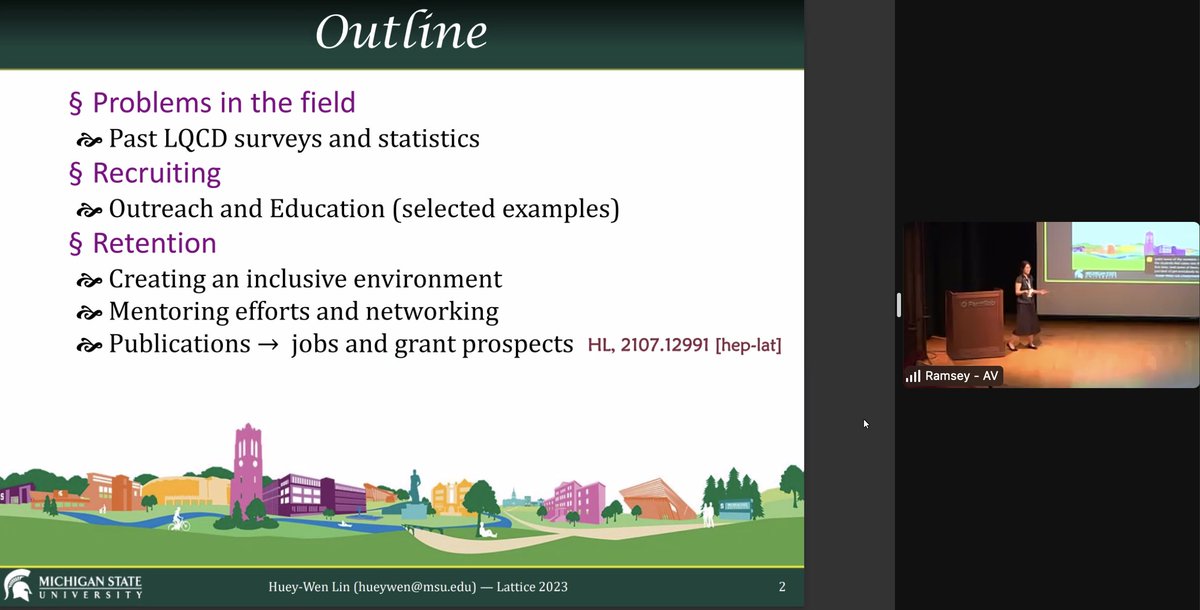 rothkopfAK's tweet image. How to attract a diverse workforce to #latticeQCD? Outreach &amp;amp; furnishing connections already in high-school are key in @LinQCD&apos;s (@michiganstateu) talk at #Lattice2023. From identifying deficits to concrete actions - from K-12 to graduate students. #womeninstem #womeninphysics