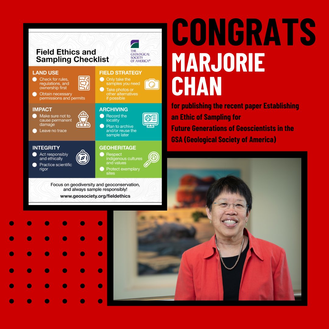 UofUCMES's tweet photo. Growing concerns about the ethics of geologic sampling are relevant to teaching, research, and our geoheritage. Marjorie Chan recently published a paper in this week’s GSA. #EthicsInGeology #GeoscienceStandards
Access the full article here: 
https://t.co/yLVJ17KMKw https://t.co/jgSr1cIXUH