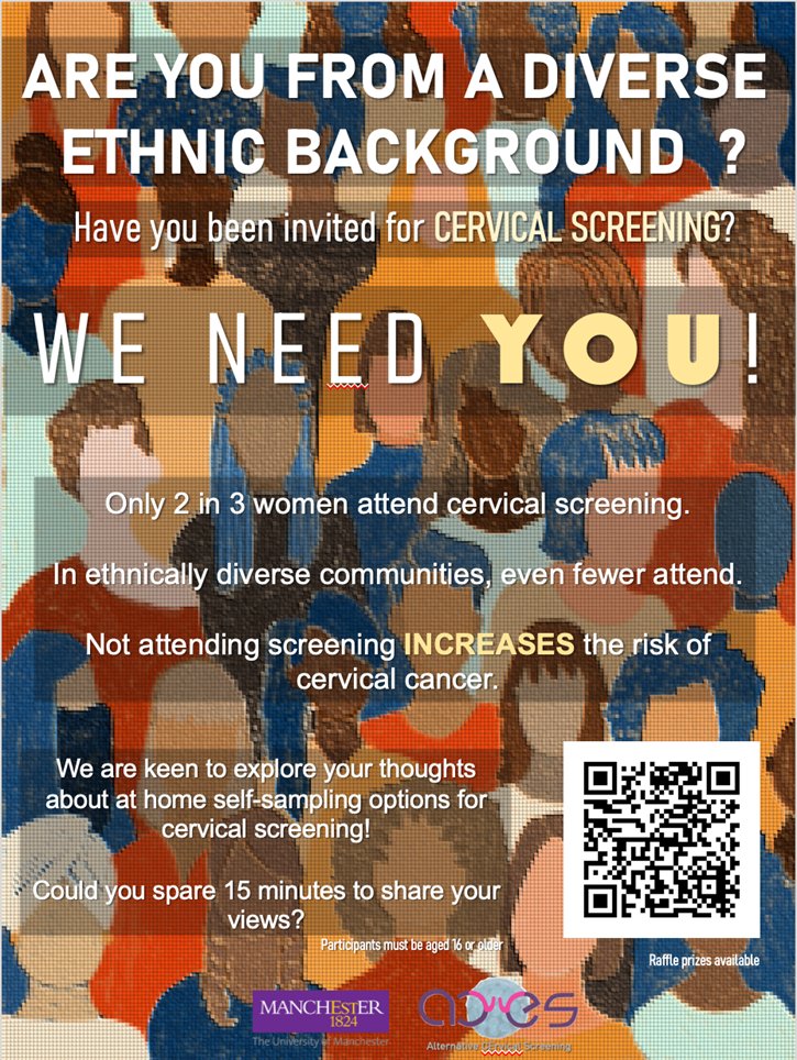Women In Cancer Network (@wicn_manchester) on Twitter photo Just 2 in 3 people with a cervix attend screening for cervical cancer, fewer from minortised ethnic communities. <a href="/ACESCervScreen/">ACEScervicalscreening</a> want to learn whether an innovative screening tool can help boost numbers. Could you help? #cervicalcancer qualtrics.manchester.ac.uk/jfe/form/SV_3m… Just 2 in 3 people with a cervix attend screening for cervical cancer, fewer from minortised ethnic communities. <a href="/ACESCervScreen/">ACEScervicalscreening</a> want to learn whether an innovative screening tool can help boost numbers. Could you help? #cervicalcancer qualtrics.manchester.ac.uk/jfe/form/SV_3m…