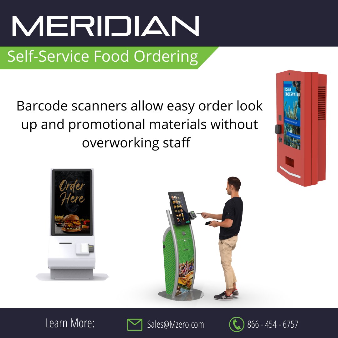 Barcode scanner allows for easy order look up and the use of promotional material without overworking staff. #Meridian #Laborsaving #Selfservicesolutions #smartdevices #MeridianKiosks