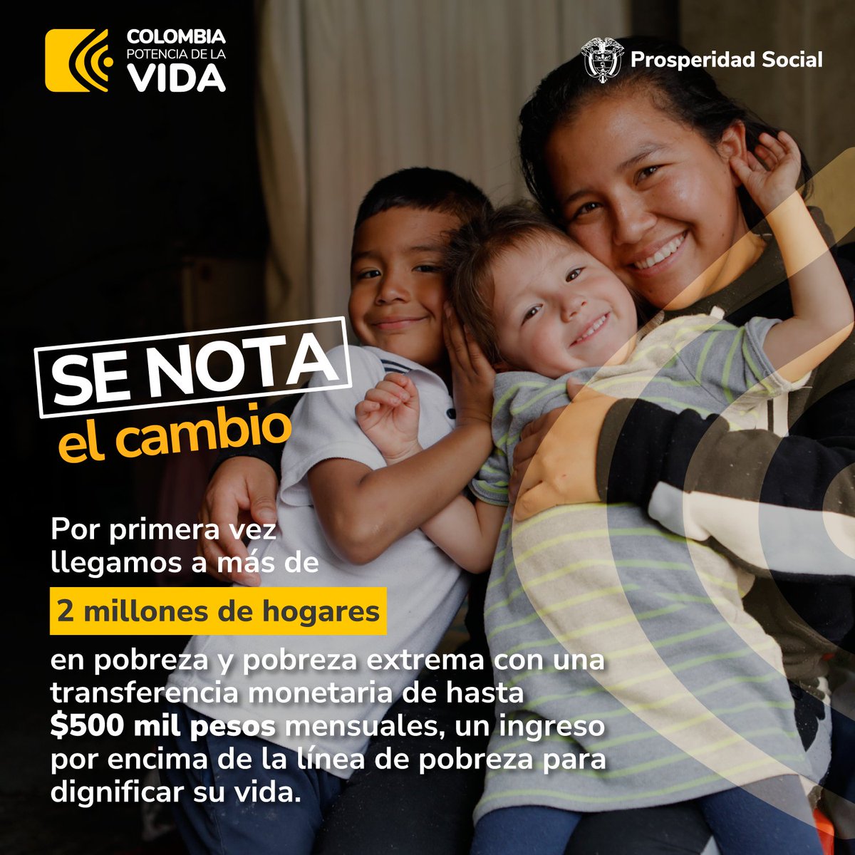 ProsperidadCol's tweet photo. #MeGustaElCambioPor el trato digno a los hogares más vulnerables. En un hecho histórico, con Tránsito a Renta Ciudadana estamos entregando hasta $1 millón de pesos bimestrales en un pago condicionado, priorizando a madres cabeza de familia con menores de 6 años. #SeNotaElCambio https://t.co/iNGznBDs8n