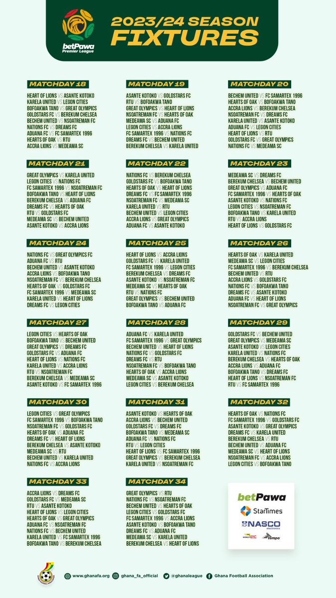 ๐ฌ๐ญ Ghana Premier League (@ghanaleague) on Twitter photo ๐จ๐ฎ๐ฌ๐ฎ๐ฏ/๐ฎ๐ฐ betPawa Premier League Fixtures ๐
#betPawaGPL | <a href="/betPawaGH/">betPawa Ghana</a> ๐จ๐ฎ๐ฌ๐ฎ๐ฏ/๐ฎ๐ฐ betPawa Premier League Fixtures ๐
#betPawaGPL | <a href="/betPawaGH/">betPawa Ghana</a>