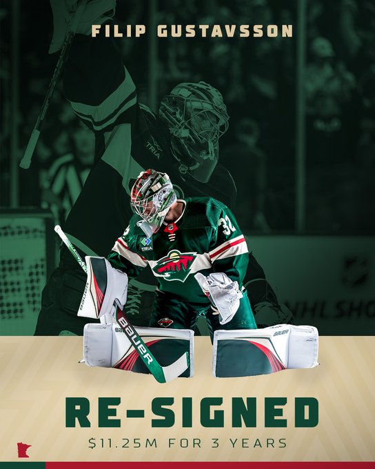 Filip Gustavsson re-sign graphic. Green background overlay over an image of Filip. A cutout of Filip sits in front against a wheat background. Text says "re-signed $11.25M for 3 years."