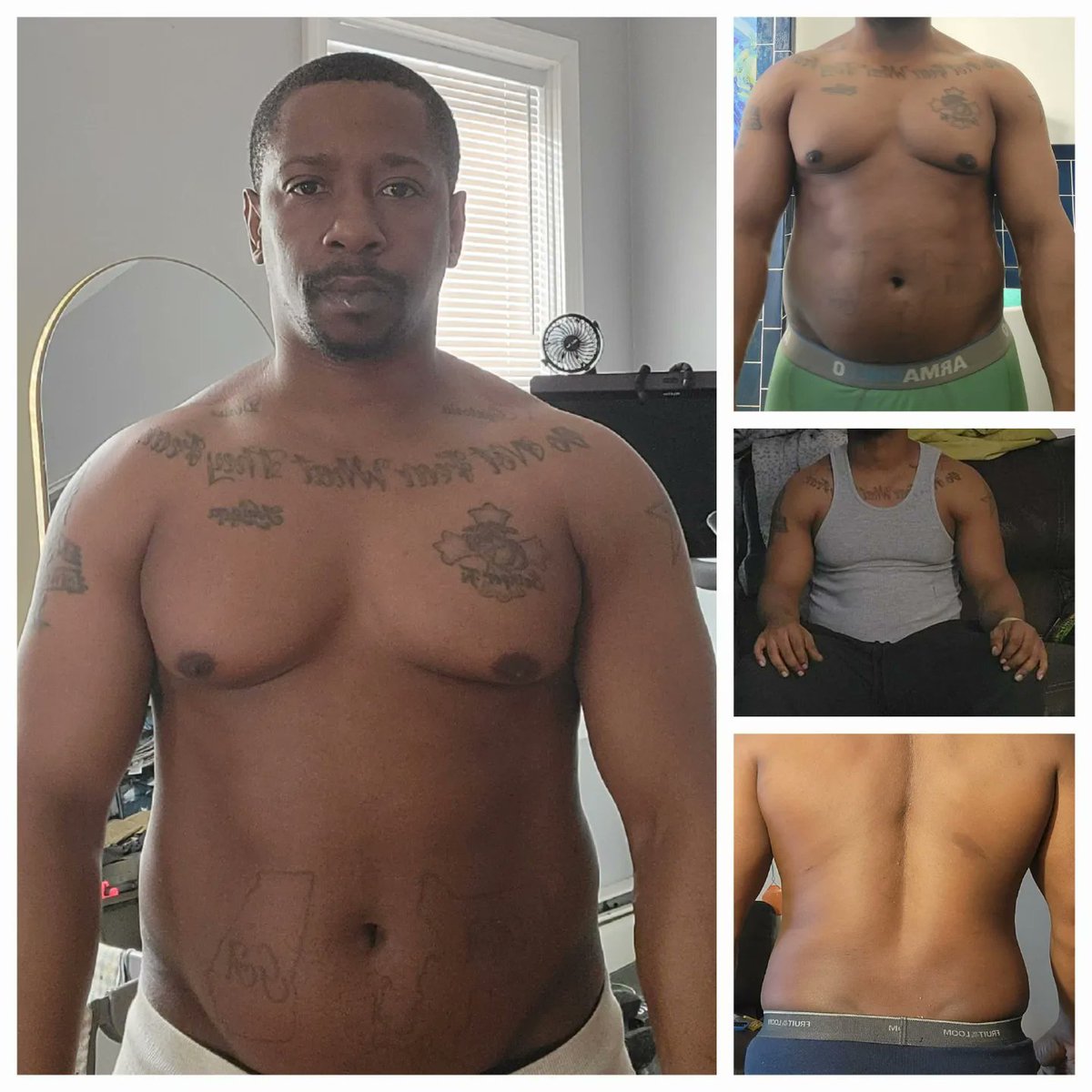 Power2Ghost's tweet photo. I'm almost there! I'm 6 pounds from my goal weight! At 36, this has been the hardest journey I've had. My metabolism is slower, my motivation has waivers but THANK GOD FOR DEDICATION!β€οΈ #FITNESS #BEFOREANDAFTER #stayfocued #blackmen https://t.co/ILZL9GGowu