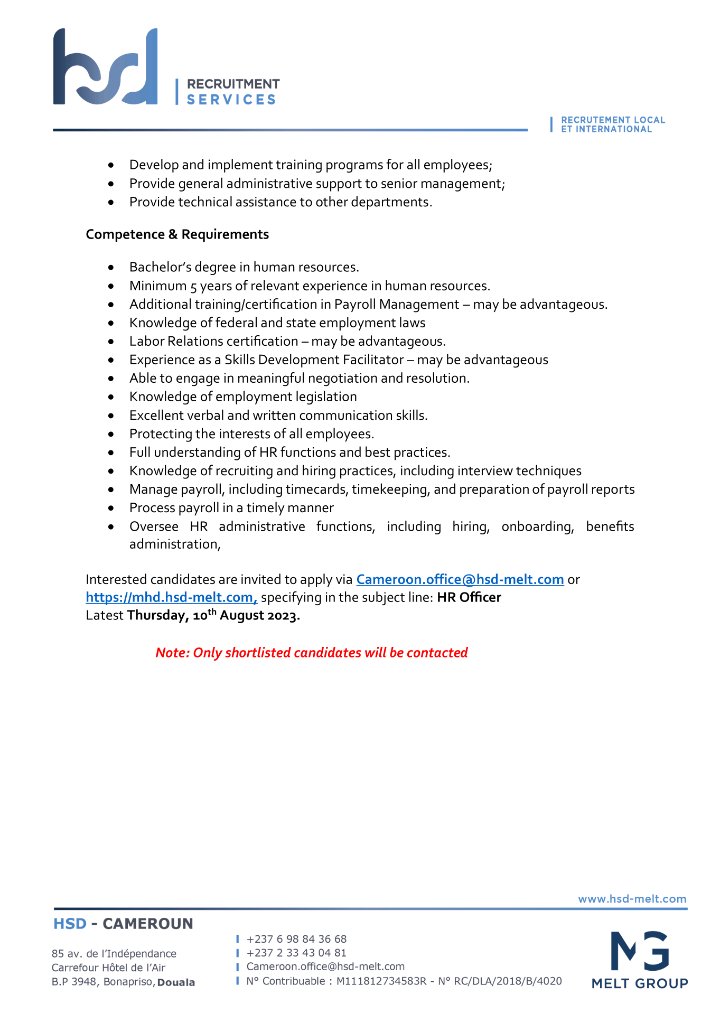 LoumaJobs's tweet photo. HSD - Cameroon is recruiting a HR Officer.

Town : Douala
Deadline : 10/08/2023.

Like and share the information 😉 https://t.co/XzFGuZA2EI
