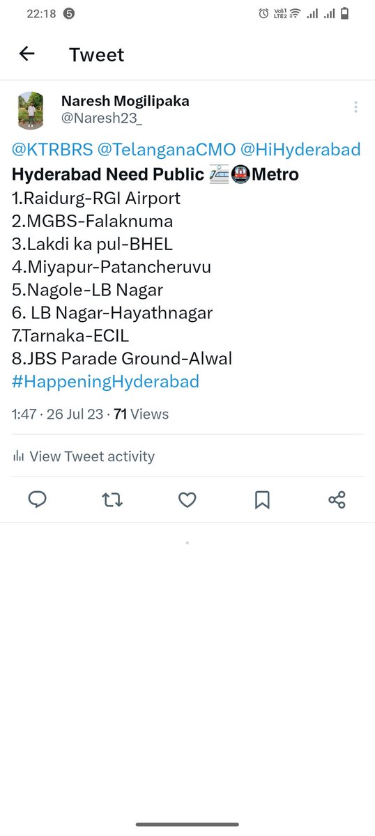 Naresh23_'s tweet photo. @KTRBRS Very thankful to @KTRBRS  Anna 🙏
It is Good move, for Hyderabad growth.
Really Great news for Hyderabadis. https://t.co/NebY8Qqtoz