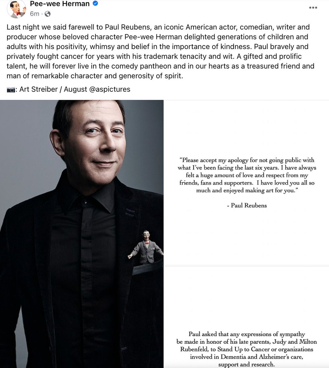 Paul Reubens, aka <a href="/peeweeherman/">Pee-wee Herman</a> passed away. Confirmed on his Instagram and Facebook :(  facebook.com/PeeweeHerman/p…