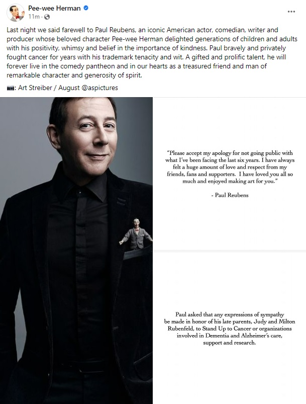Jay Exonauts (@exonauts) on Twitter photo Posted on his Facebook page moments ago. I'll always remember him as a playful and inventive spirit. RIP Pee Wee.
facebook.com/PeeweeHerman/p…
<a href="/peeweeherman/">Pee-wee Herman</a> #paulreubens #peewee Posted on his Facebook page moments ago. I'll always remember him as a playful and inventive spirit. RIP Pee Wee.
facebook.com/PeeweeHerman/p…
<a href="/peeweeherman/">Pee-wee Herman</a> #paulreubens #peewee