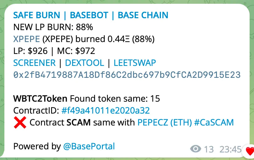 firstbasebot's tweet photo. We are only 1 burn + contract audit alert on #Basechain now.

https://t.co/HOo32OpKdw

Keep build more stuffs there. https://t.co/kX3LdCZSrC