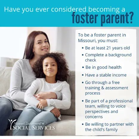 DSS_Missouri's tweet photo. Becoming a foster parent can seem like a complicated process. Children’s Division is here to help you! We are always looking for passionate people who have space in their homes and hearts for foster children. Learn more about the process: https://t.co/6WSaWrNitA
#FosterMOKids https://t.co/8XH7snezAD