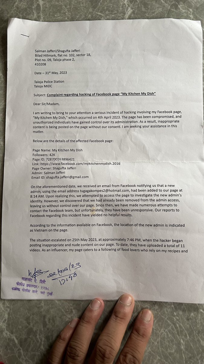 Mykitchenmydish's tweet photo. @MumbaiPolice My facebook page has been hacked i have lodged #policecomplaint also. I am also following up with @facebook @Meta on email but they are not helping. These hackers are posting adult content on my page and i dont have control on the page as I am not the admin anymore https://t.co/TT9zf4aoOP