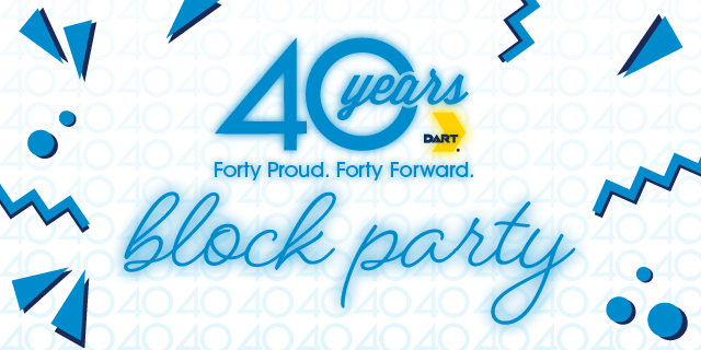dartmedia's tweet photo. DART is turning 40! Join in on the fun and help us celebrate! Weโre having a kick-off block party on Saturday, Aug. 12, and a series of block parties across our 13-city service area.
Find a block party near you at https://t.co/ucbm2GBzAs
Events are subject to change.
#DART40th https://t.co/nrZKon2Fuk