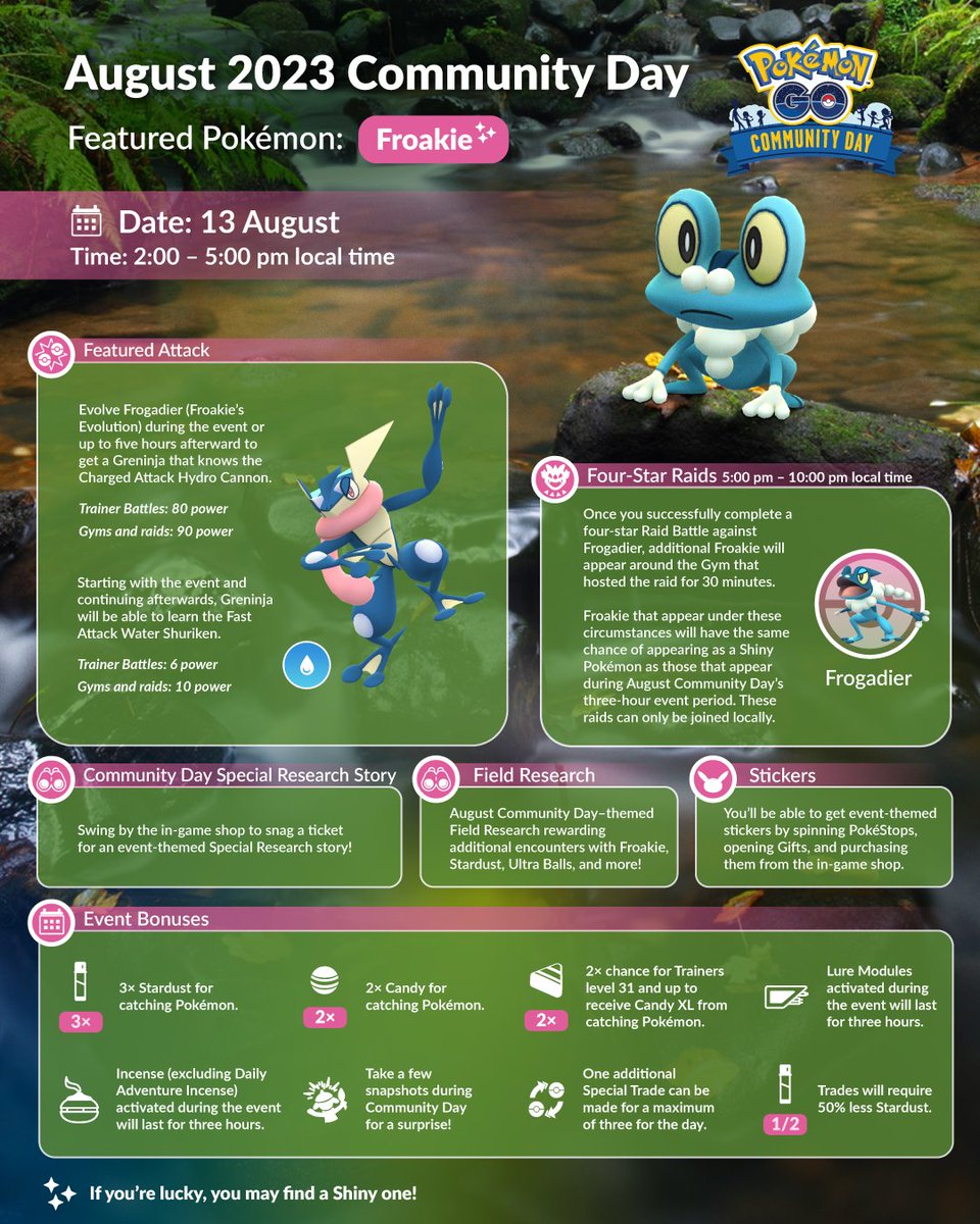 pokemongoappuk's tweet photo. Our excitement is bubbling up!

Froakie, the Bubble Frog Pokémon, will appear around the world during August’s #PokemonGOCommunityDay!

Get the details ⬇️
https://t.co/IdjYZE6T4H https://t.co/eu7m55gUW0
