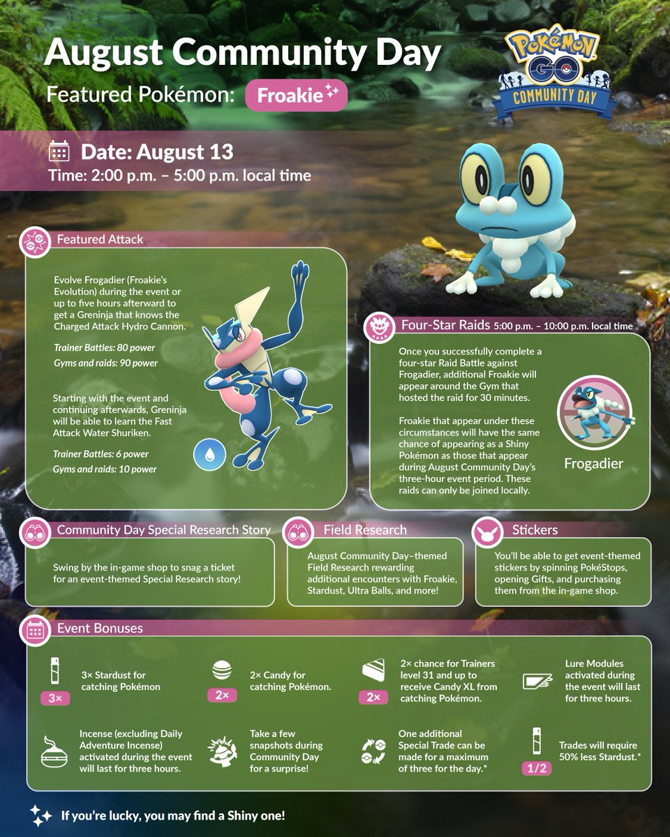 Our excitement is bubbling up!

Froakie, the Bubble Frog Pokémon, will appear around the world during August’s #PokemonGOCommunityDay!

Get the details ⬇️
pokemongolive.com/post/community…