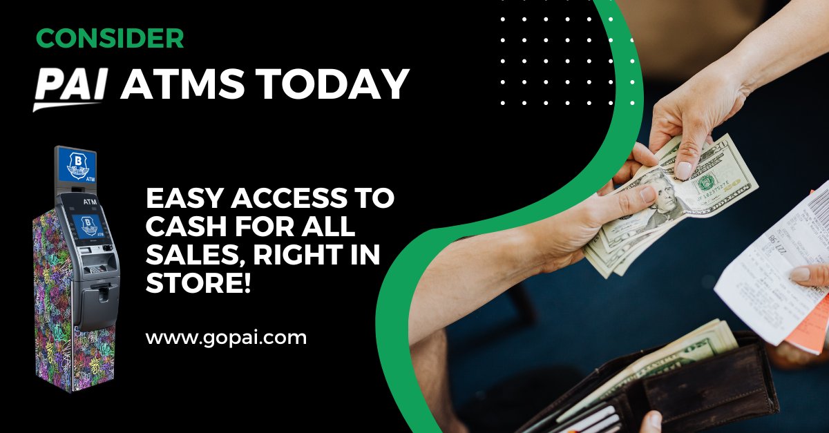 PAI_ATM's tweet photo. Connect with #PAI today, let us provide your clients with easy access to cash, right in-store, for all purchases.

Check out our page https://t.co/YSbrA8rd3H more information or talk to a sales representative today: CRBSales@gopai.com.
#cannabisnews #cannabisinsider #socialequity https://t.co/3GCrkCt4J5