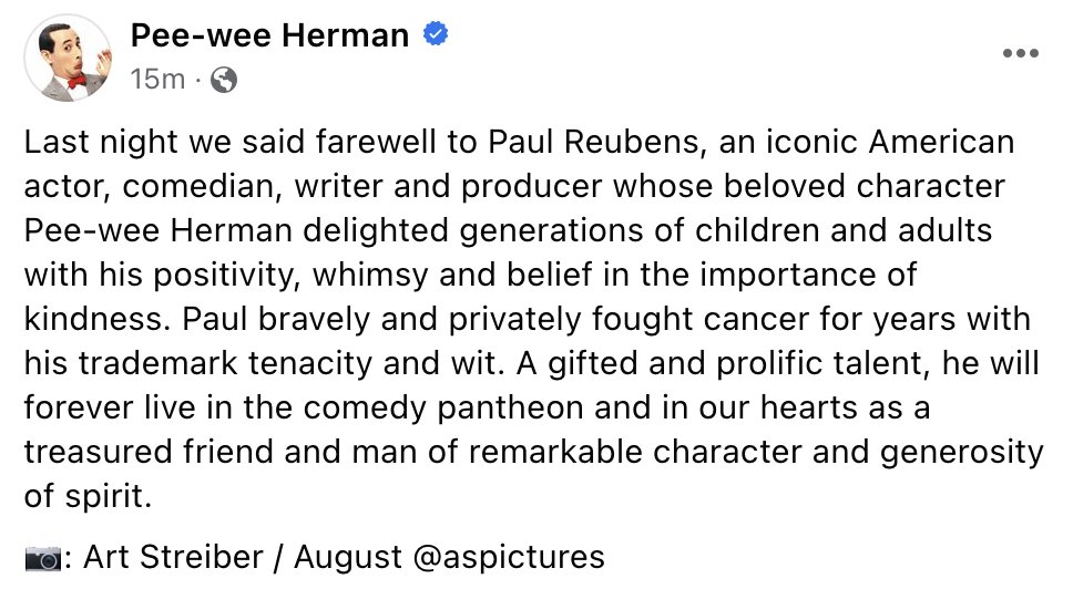 Phil_Lewis_'s tweet photo. Paul Reubens, best known for his role as Pee-wee Herman, has died. He was 70 https://t.co/VXl9jNiJYs