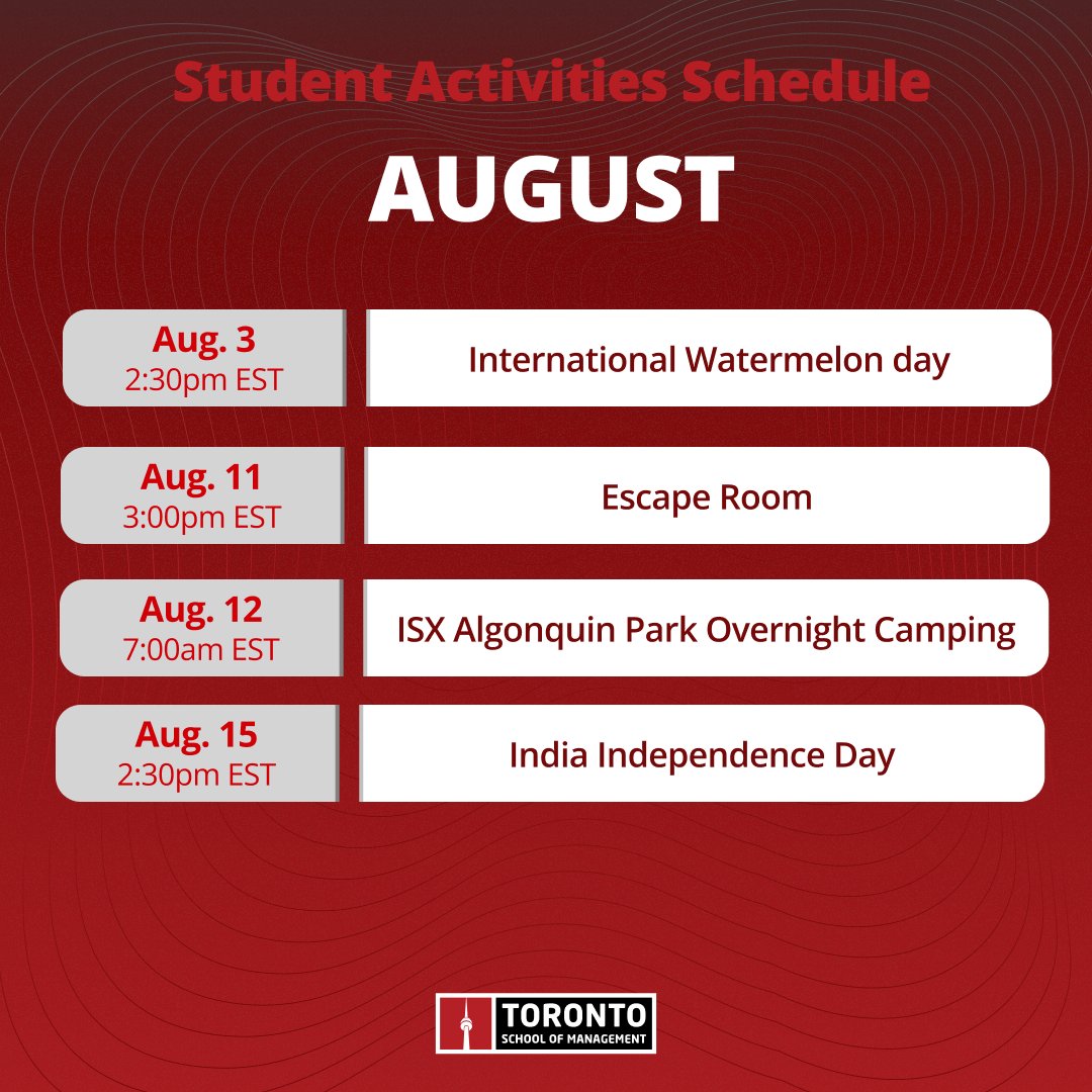 TorontoSoM's tweet photo. TSoM students, we look forward to having you on the awesome on-campus and outdoor activities prepared by our Student Services team for the month of August! Stay tuned for more details!
#TSoM #myTSoM #FindSuccessWithTSoM #GetInspiredFindSuccess #Studentservices https://t.co/vmf3vG5bh0