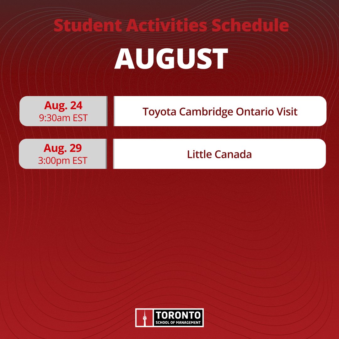 TorontoSoM's tweet photo. TSoM students, we look forward to having you on the awesome on-campus and outdoor activities prepared by our Student Services team for the month of August! Stay tuned for more details!
#TSoM #myTSoM #FindSuccessWithTSoM #GetInspiredFindSuccess #Studentservices https://t.co/vmf3vG5bh0