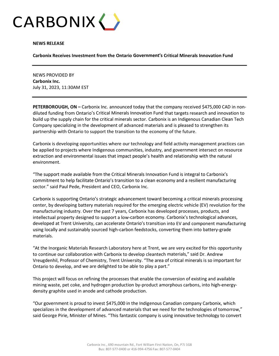 CarbonixInc's tweet photo. Carbonix Receives Investment from the Ontario Government’s Critical Minerals Innovation Fund @CTVNews @CBCNews @TrentUniversity @CleantechCommon @NorthOntarioBiz @NorthON @CBCOntMorning @ONgov @globalnews #indigenousbusiness #advancedmaterials #activatedcarbon #criticalminerals https://t.co/knbk1XHkfG