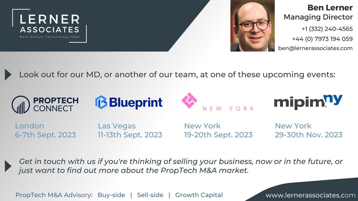 LernerAssociate's tweet photo. Come and talk to a member of the @LernerAssociate   team at one of a number of events in the US and UK in the coming months...

PropTech Connect
@goblueprint
@DiscoverCREtech
@MipimNY
@BenSLerner

#PropTech #CREtech https://t.co/coAgegO5NN