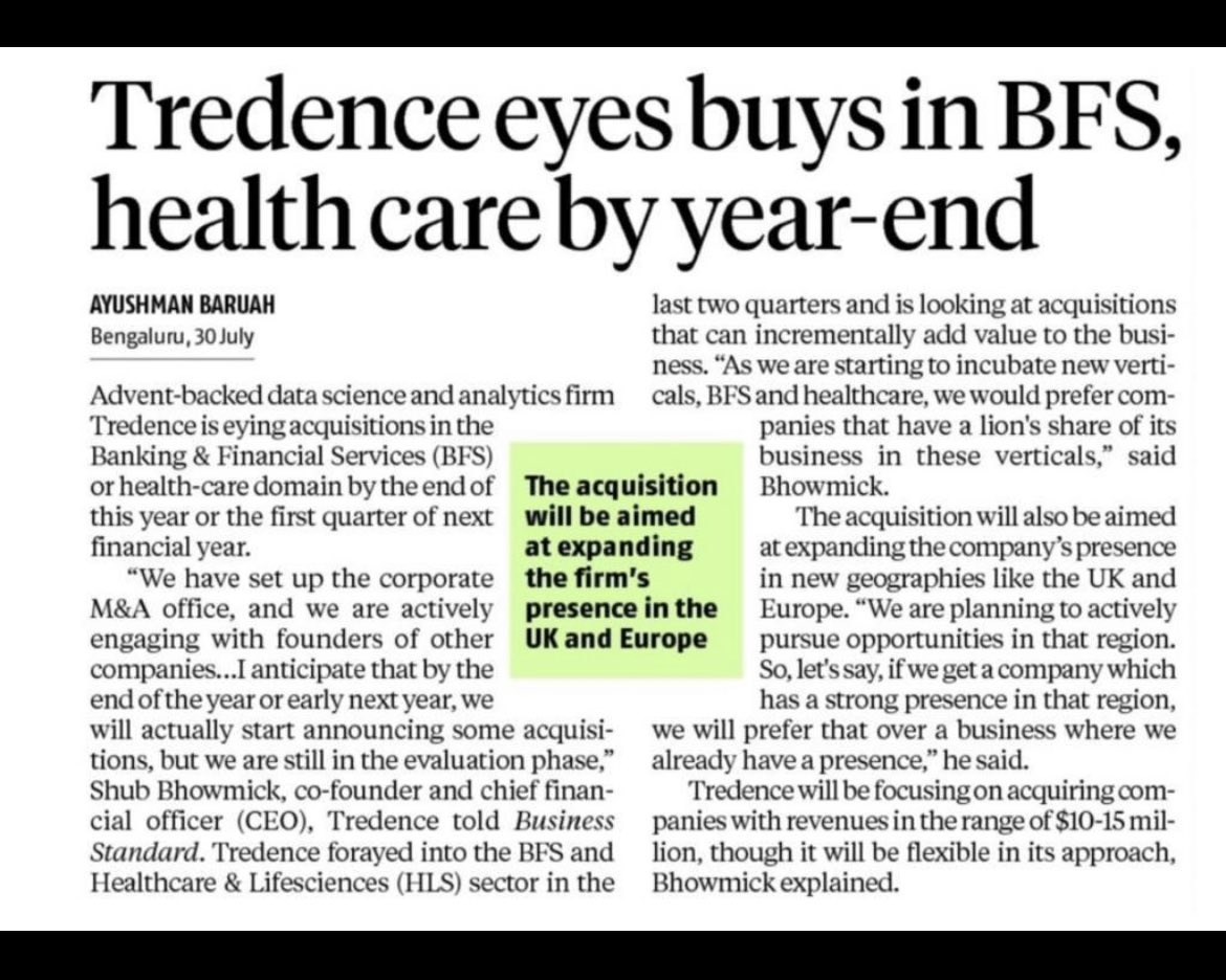 #NewsAlert Our CEO and Co-founder, Shub Bhowmick, in a recent conversation with Business Standard CoB, Ayushman Baruah, shares how we are set to broaden our horizon, with potential acquisitions. #DataScience #Healthcare #LifeSciences #BankingandFinance #Tredence #BeyondPossible