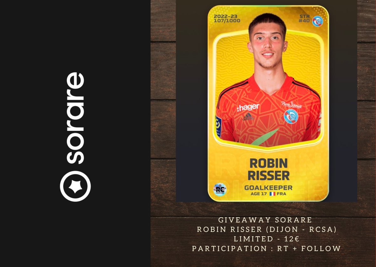 SorarePem's tweet image. GiveAway #4

Aujourd’hui je vous fais gagner la carte d’un futur grand gardien de Strasbourg :
Robin Risser - 17 ans  

👀 Joueur que j’ai mis dans ma liste de joueurs à suivre juste ici 👇👇! 

Conditions : 
- Rt + Follow 

TAS 04/08