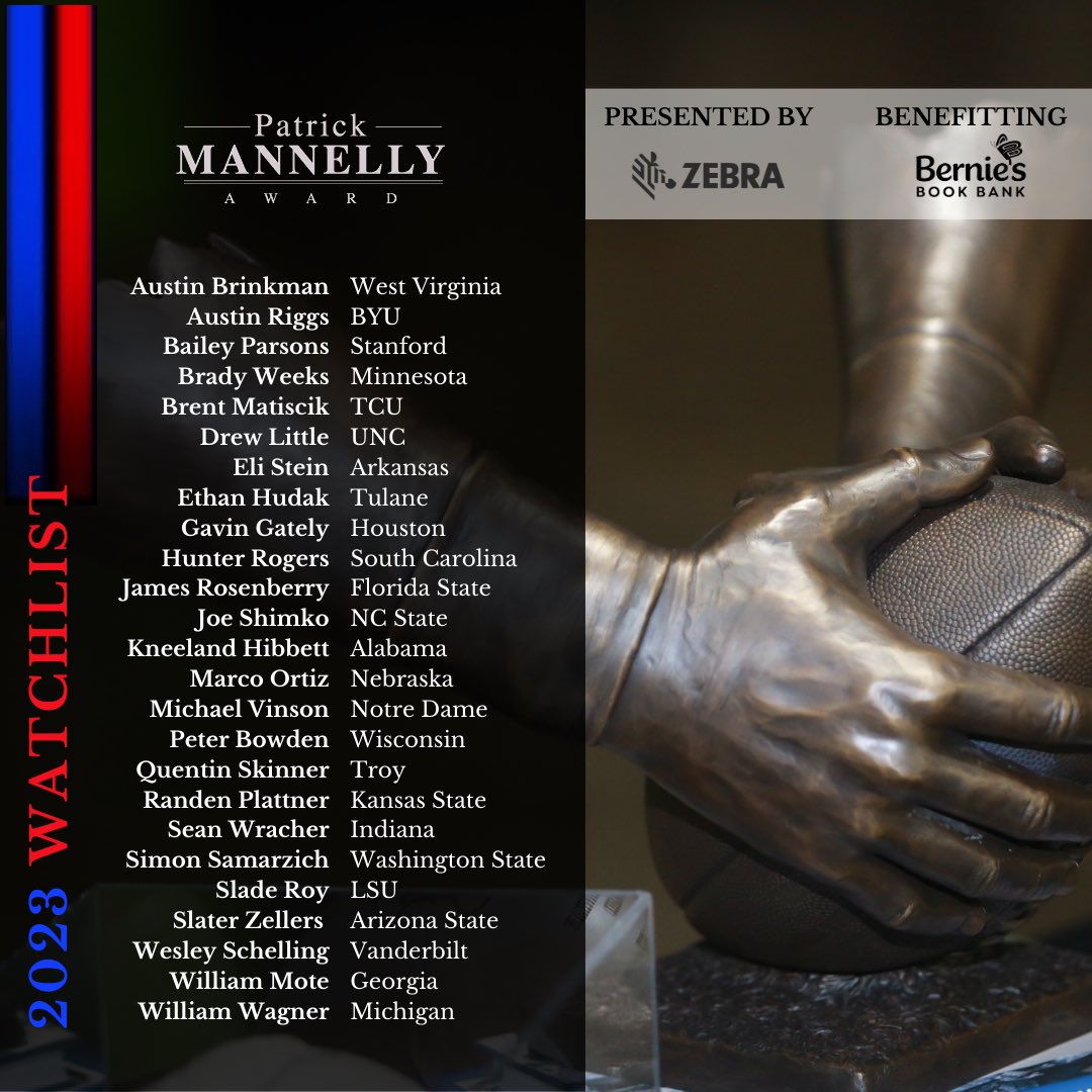 MannellyAward's tweet photo. All of us at The Patrick Mannelly Award are proud to announce this years preseason watchlist for the top college Long Snapper in the country! 

For more information, please go to The https://t.co/NMujuHUSZB https://t.co/4B6mo8y3GI