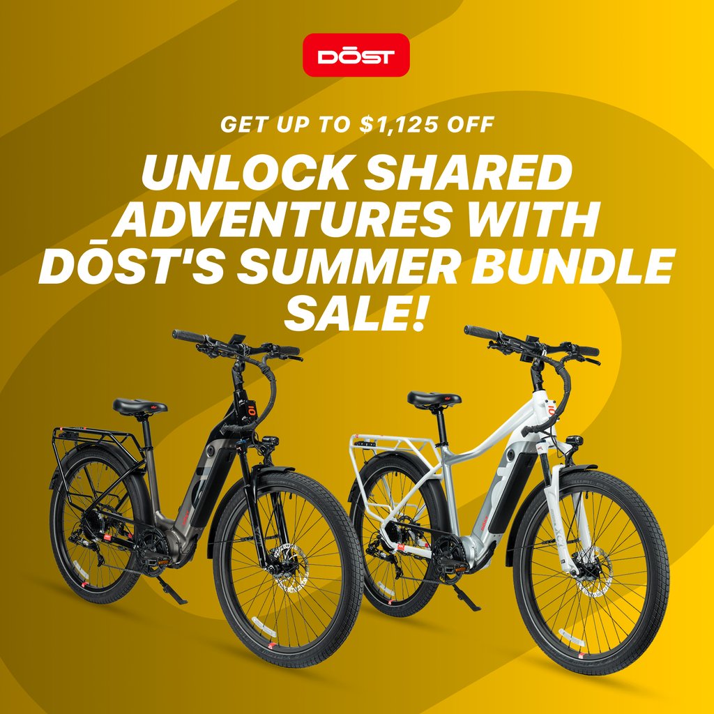 DOSTbikes's tweet photo. Take shared adventures to the next level with DŌST Bikes! Enjoy $1,125 off on our Summer Bundle Sale when you buy two ebikes. Turn your rides into shared memories. Find out more on our latest blog post here: https://t.co/5rvNBYw6Ox #DOSTBikes #SummerBundleSale https://t.co/n76YfHZowh