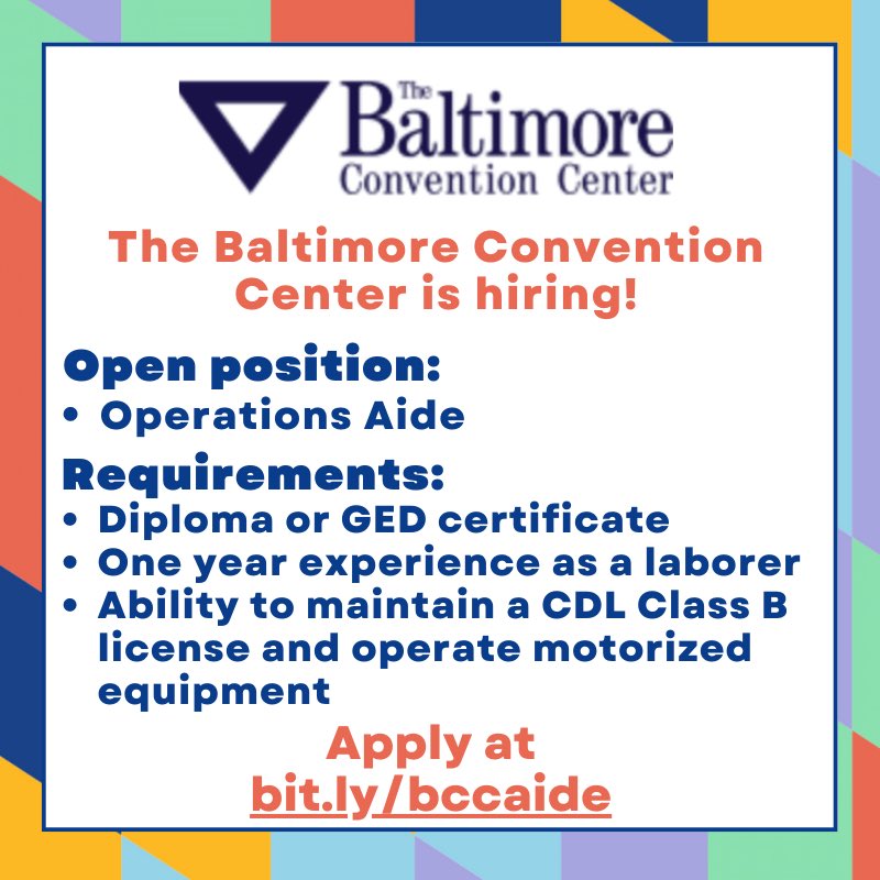 Happy Monday! Check out these great #BaltimoreJobs out!!

<a href="/CC_MD/">Catholic Charities of Maryland</a>  ➡️ bit.ly/ccjobs23
<a href="/baltimoreconve1/">baltimoreconventioncenter</a>  ➡️ bit.ly/bccaide
<a href="/JobsBaltimore_/">Baltimore Jobs & Resources (MOED)</a>  ➡️ bit.ly/cdfbmore
<a href="/BaltimoreDPW/">BaltimoreDPW</a> ➡️ bit.ly/publicworksjob